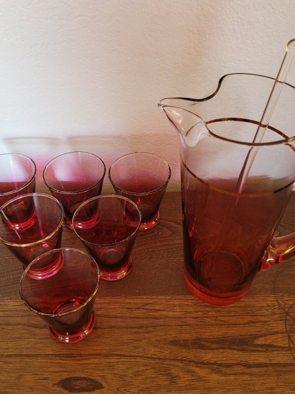 8 pc 1960s Blendo West Virginia Drinkware Set Pitcher Stirrer Glasses Cranberry - Picture 4 of 11
